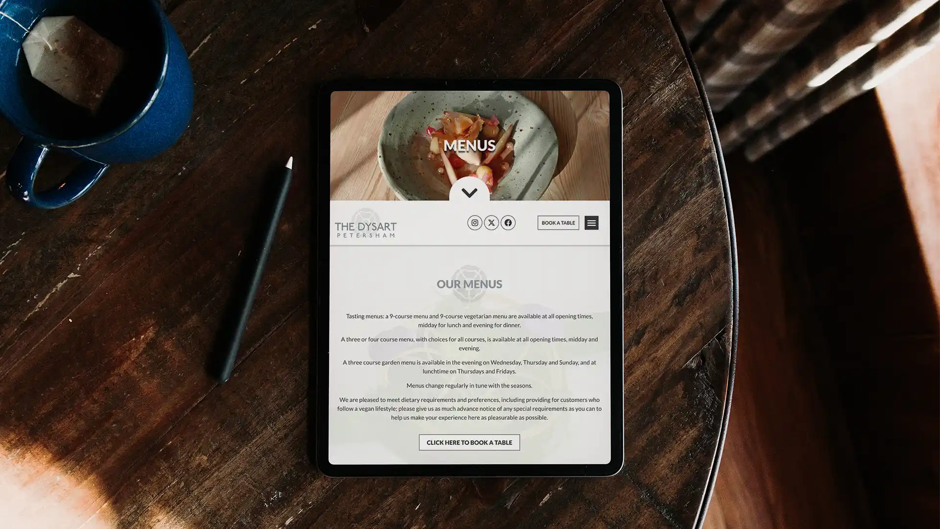 Restaurant menu page design on WordPress showcasing seasonal dishes